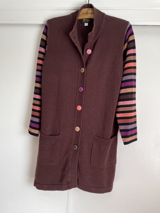 Bob Mackie Sweaters - Bob Mackie Vintage Button Front Tall Long Cardigan Sweater L Brown Stripe Duster